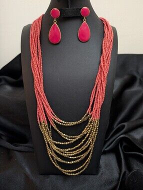 #170. Vintage Chicos Coral & Gold Necklace & Earrings